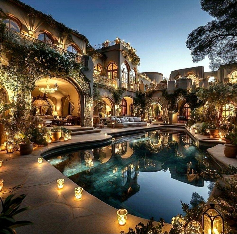 Mediterranean-style courtyard estate at dusk with candlelit pool terrace