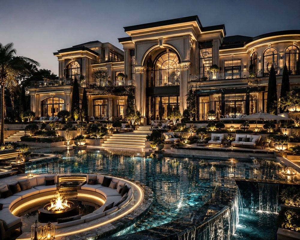 Grand illuminated estate at dusk with circular fire pit lounge and reflecting pool