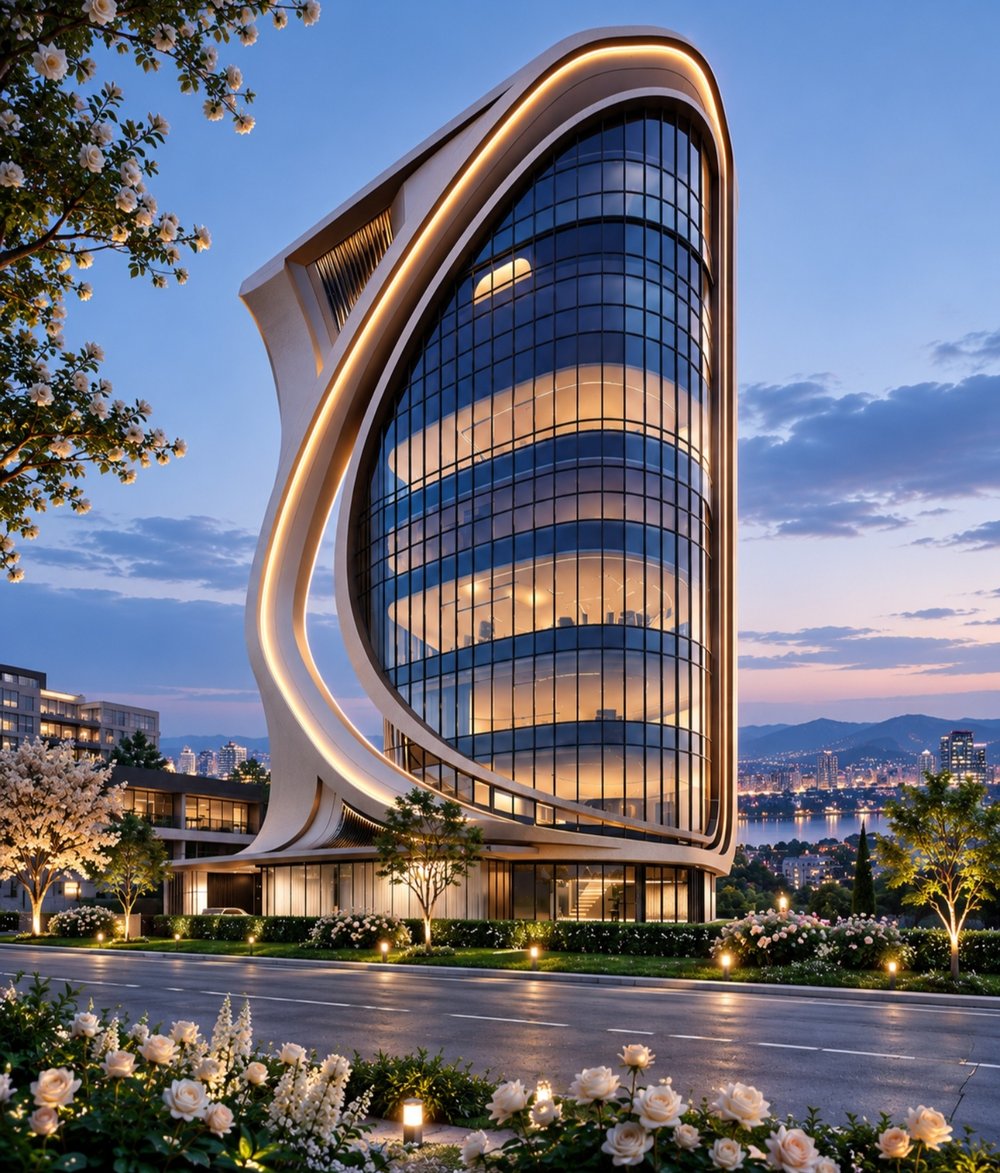 Curved modern glass office tower at dusk surrounded by blossoming trees, overlooking the city