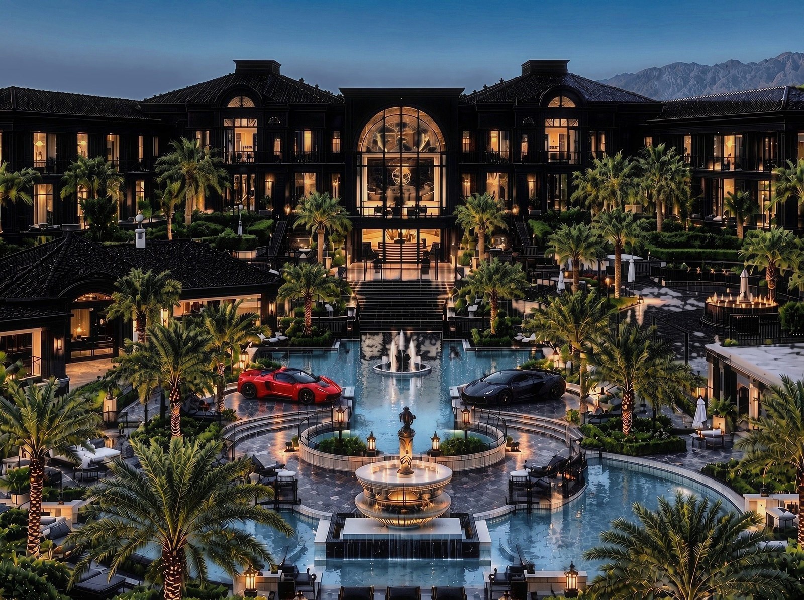 Grand black estate at dusk with palm-lined courtyard, illuminated fountains, and reflecting pools