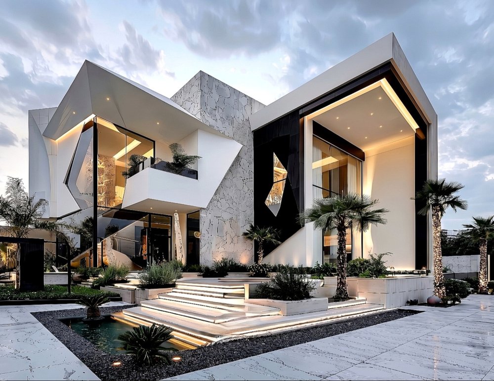 Sculptural black modern estate at dusk with circular illuminated terrace and infinity pool
