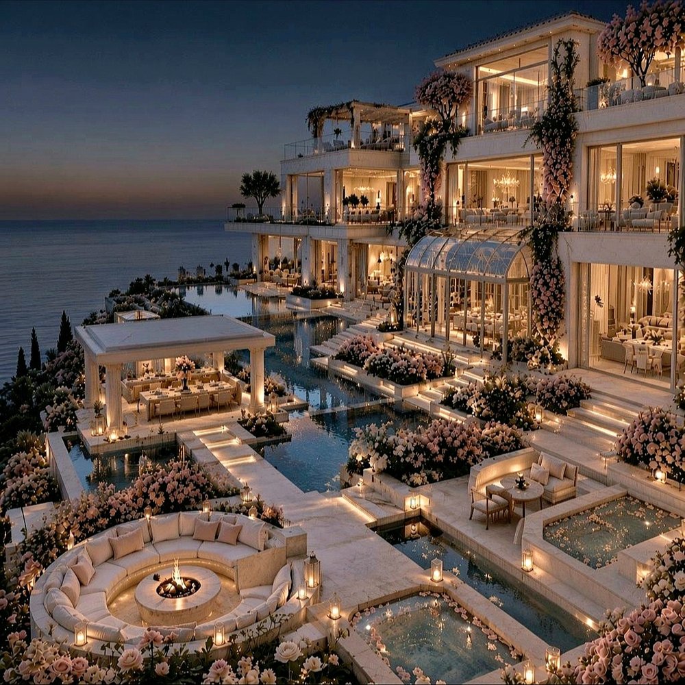 Cliffside estate terrace at dusk with pools, flowering gardens, and fire pit lounge overlooking the sea