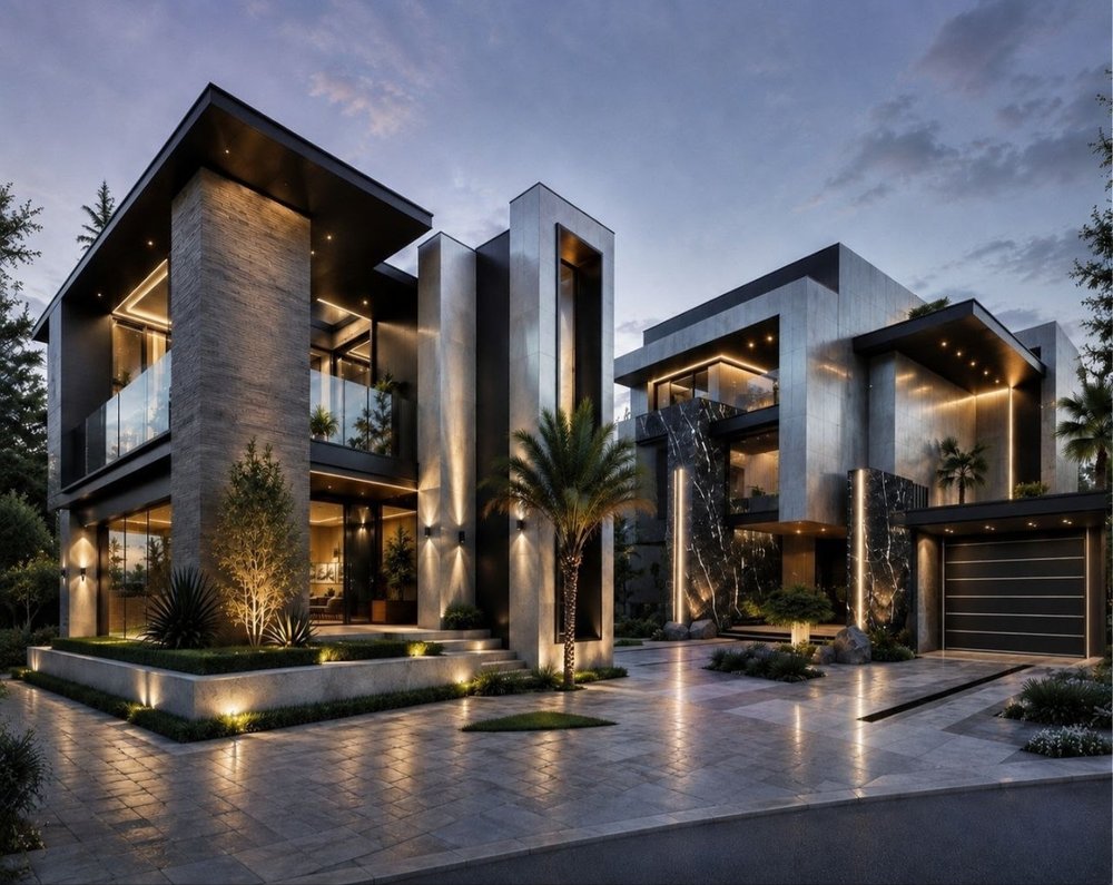 Modern twin-volume estate with stone cladding, black marble accents, and illuminated motor court at dusk