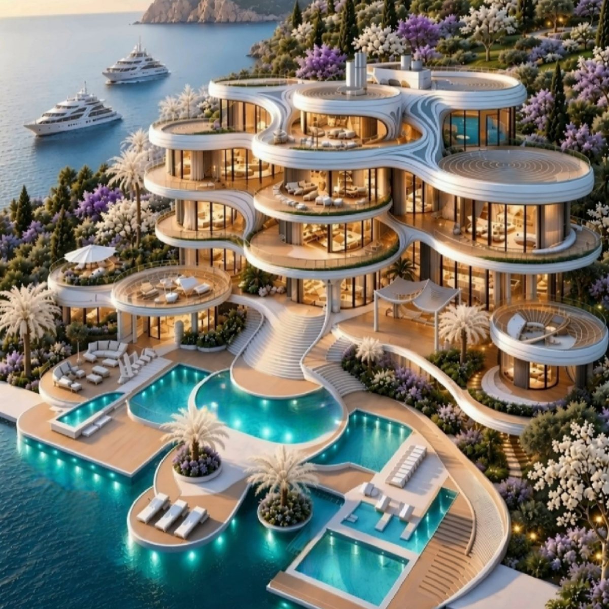 Aurora Point — a white terraced cliffside villa with infinity pools over the sea and private yachts
