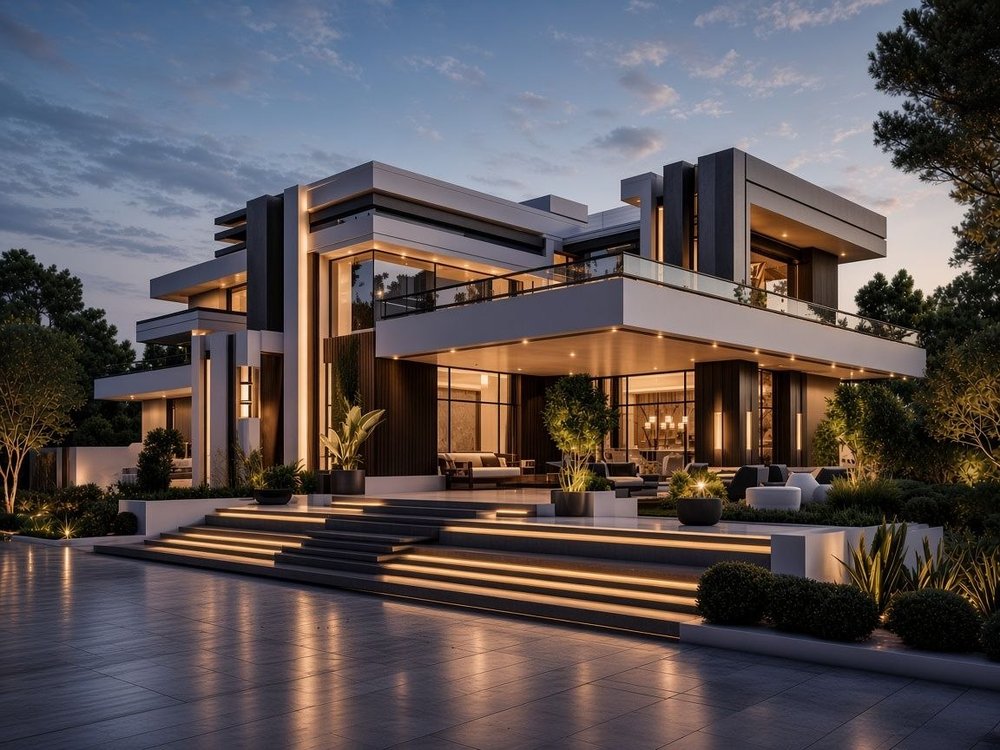 Modern two-story estate with warm terrace lighting and illuminated entry steps at dusk
